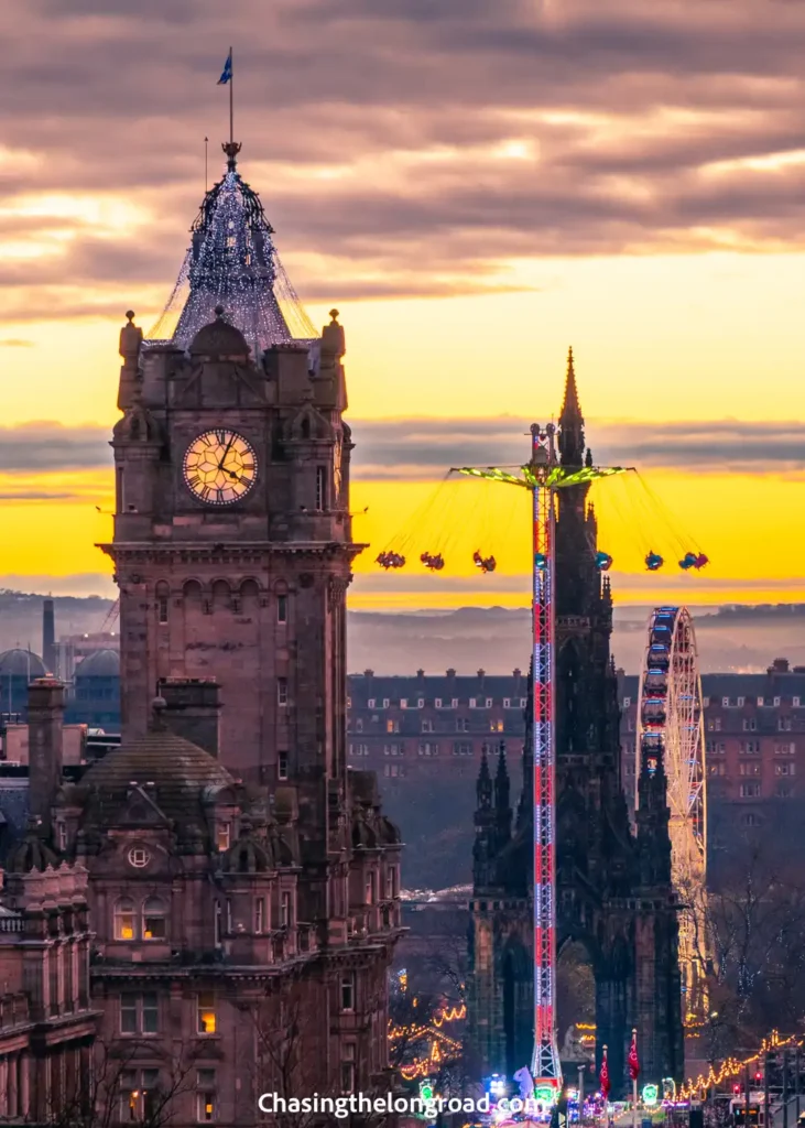 Sunset view from Calton Hill of the christmas market